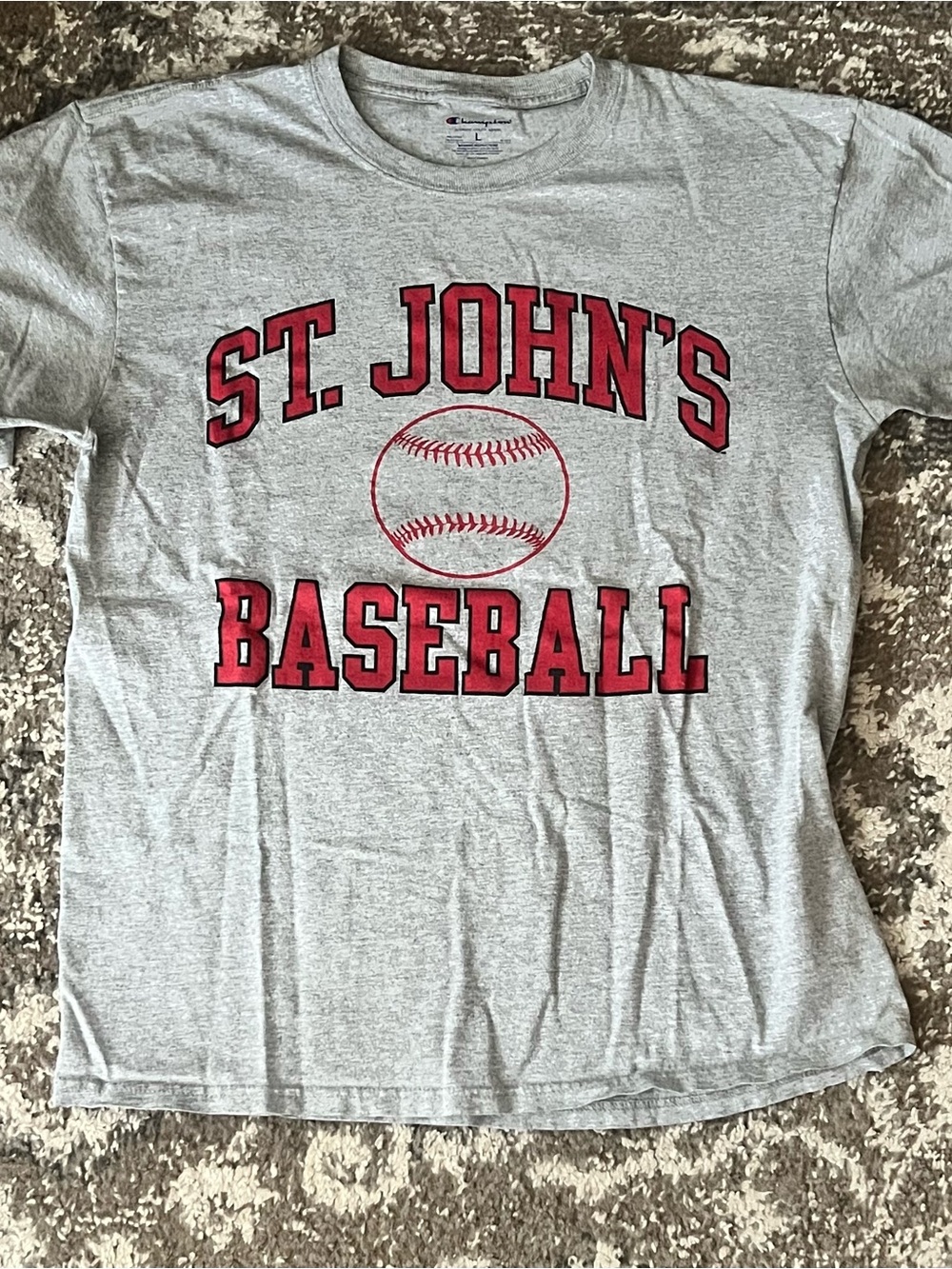 Champion Gray Short-Sleeve Tee with Red St. John's Baseball Graphic